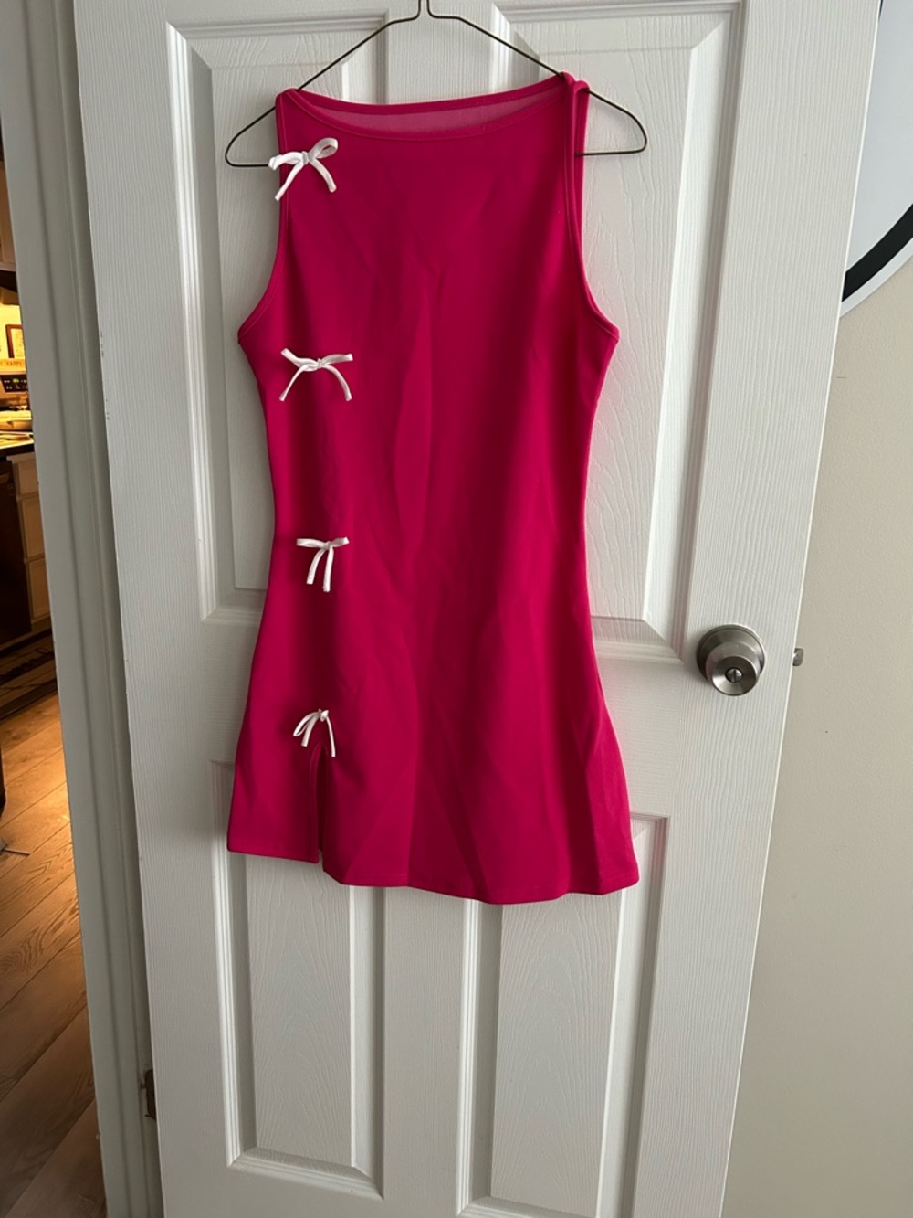 Hot Pink Sleeveless Mini Dress with White Bow Accents